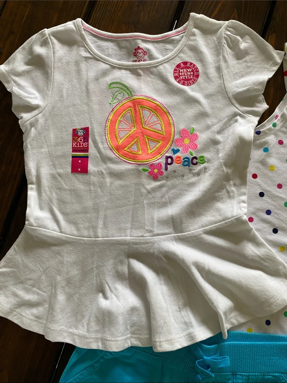Girls White Peace Peplum Tee with Polka Dot Ruffle Tank & Turquoise Shorts New